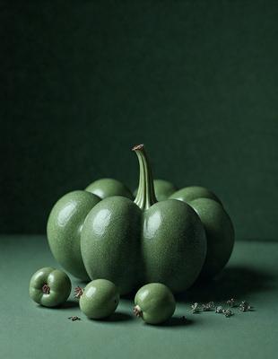 The primary subject of the image is a group of green vegetables, including a large green squash and a few smaller green vegetables. The setting is a green background, which adds to the overall mood of the image. The visual style is a close-up of the vegetables, showcasing their vibrant green color. The colors and mood of the image are predominantly green, creating a fresh and natural atmosphere.